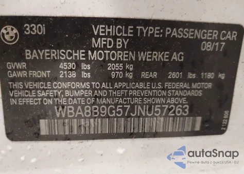 2018 BMW 330I I z USA, uszkodzony, nr VIN WBA8B9G57JNU57263